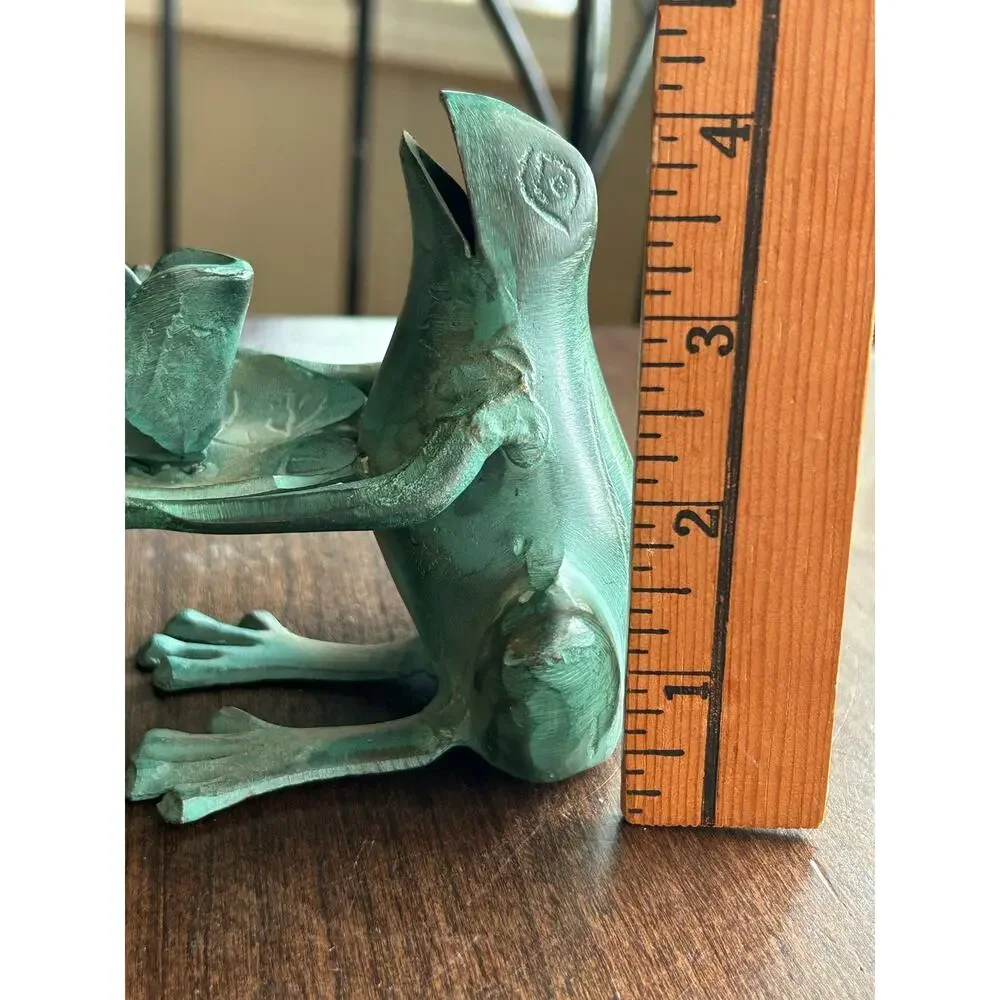 2 Vtg Unbranded Solid Brass Green Painted Frog Tabletop Candle Holder